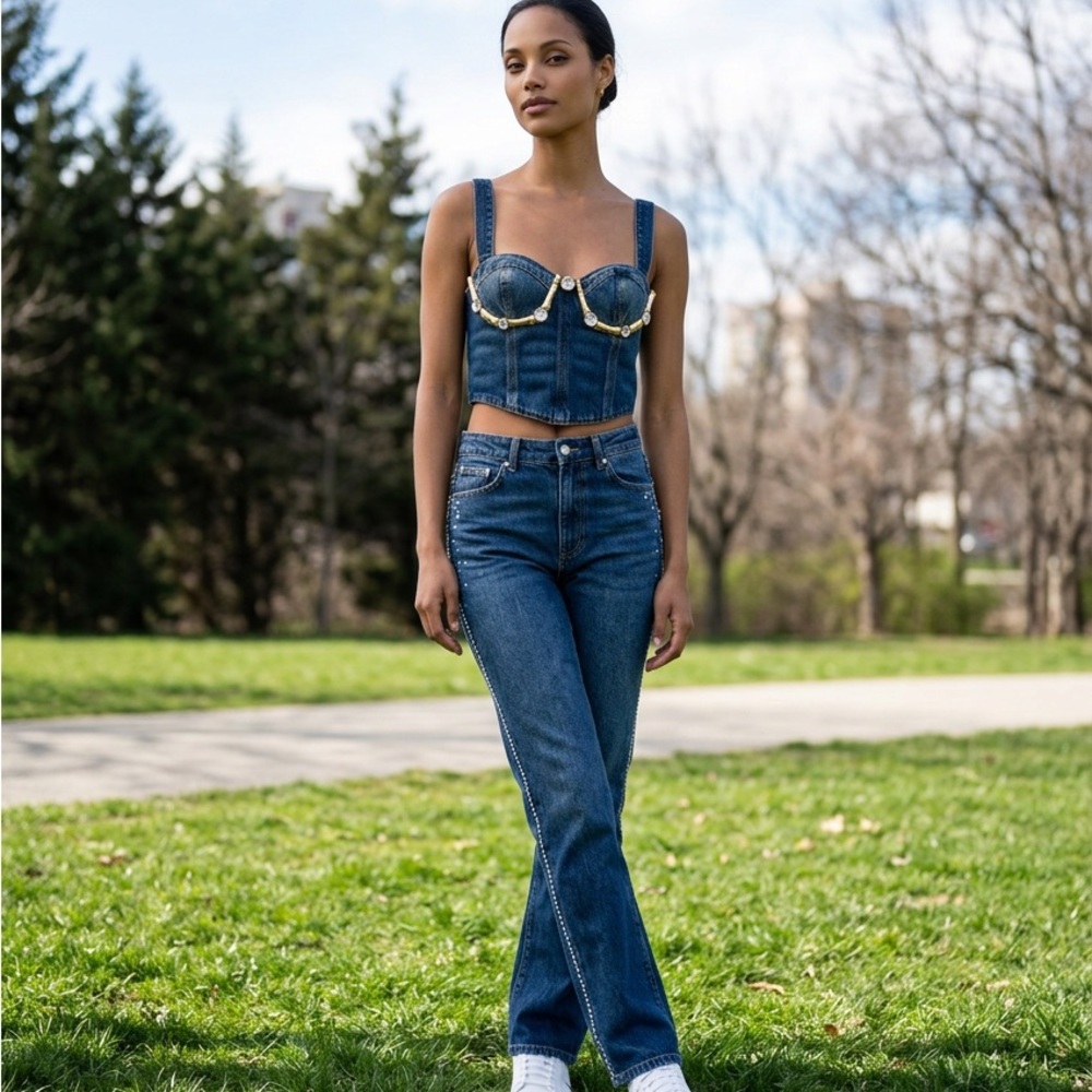 New Authentic AREA Denim Bustier Top with Gold Accents Size 2